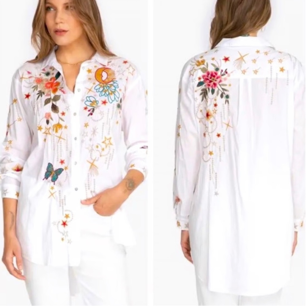 Johnny Was White Button Down with Colorful Embroidery - Picture 1 of 4